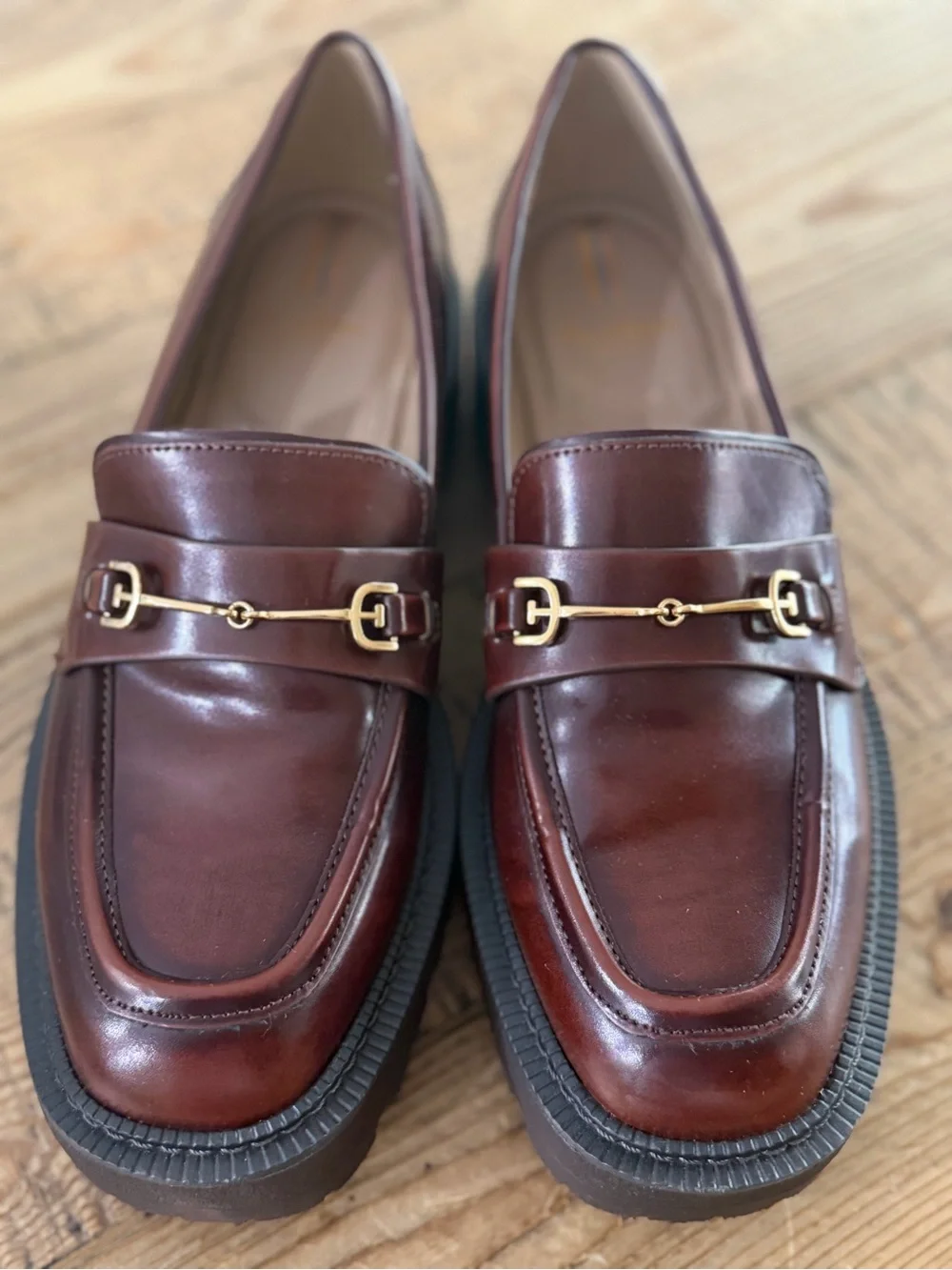 Sam Edelman Brown Leather Loafers with Gold Bit Accent